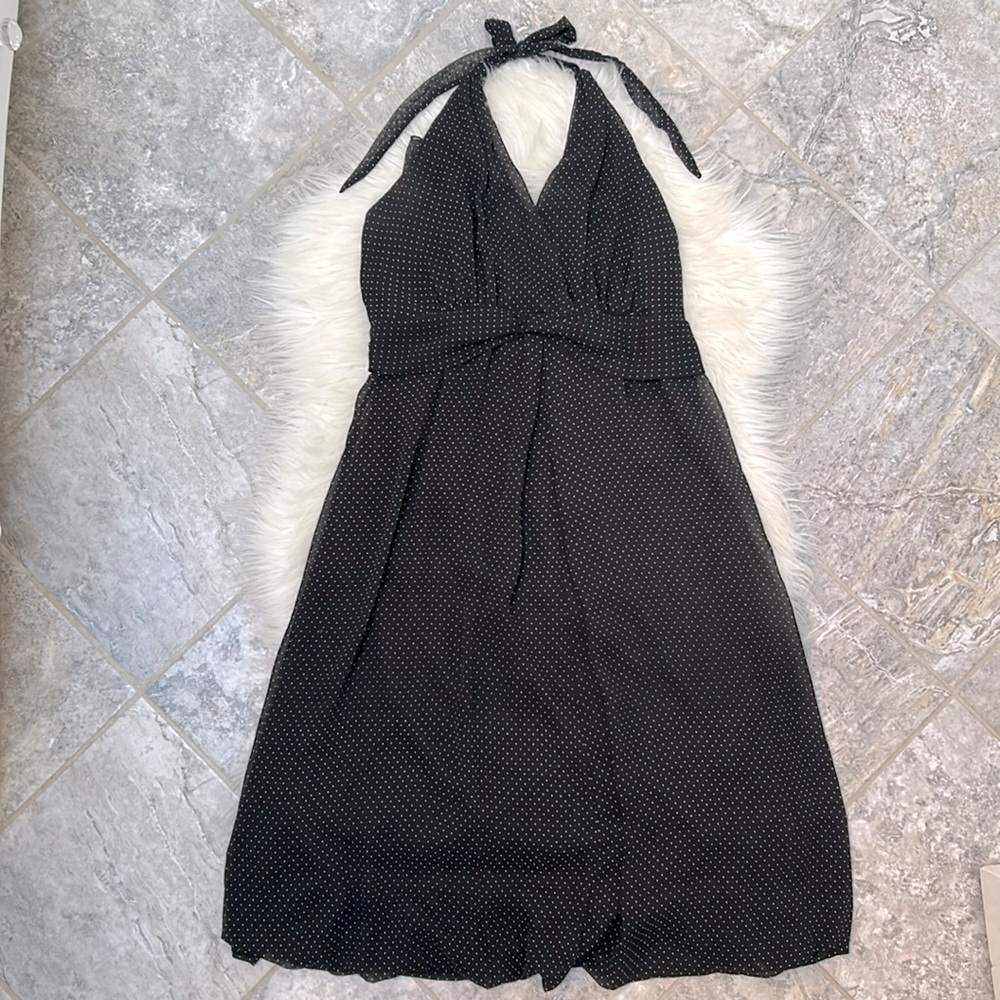 Black Ribbon-Tie Halter Dress w/ Small White Polkadot Pattern, Size 10